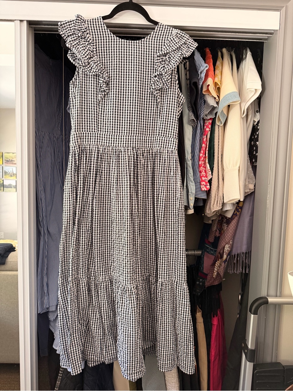 Barbour Navy and White Gingham Ruffle-Sleeve Maxi Dress